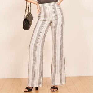 Reformation Romero Striped Linen Wide-Leg Pants White Grey 0